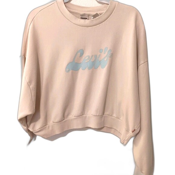 Levi’s Cropped Sweatshirt Womens XXL Lt Tan With Blue Logo Crewneck Long Sleeve - Picture 1 of 13